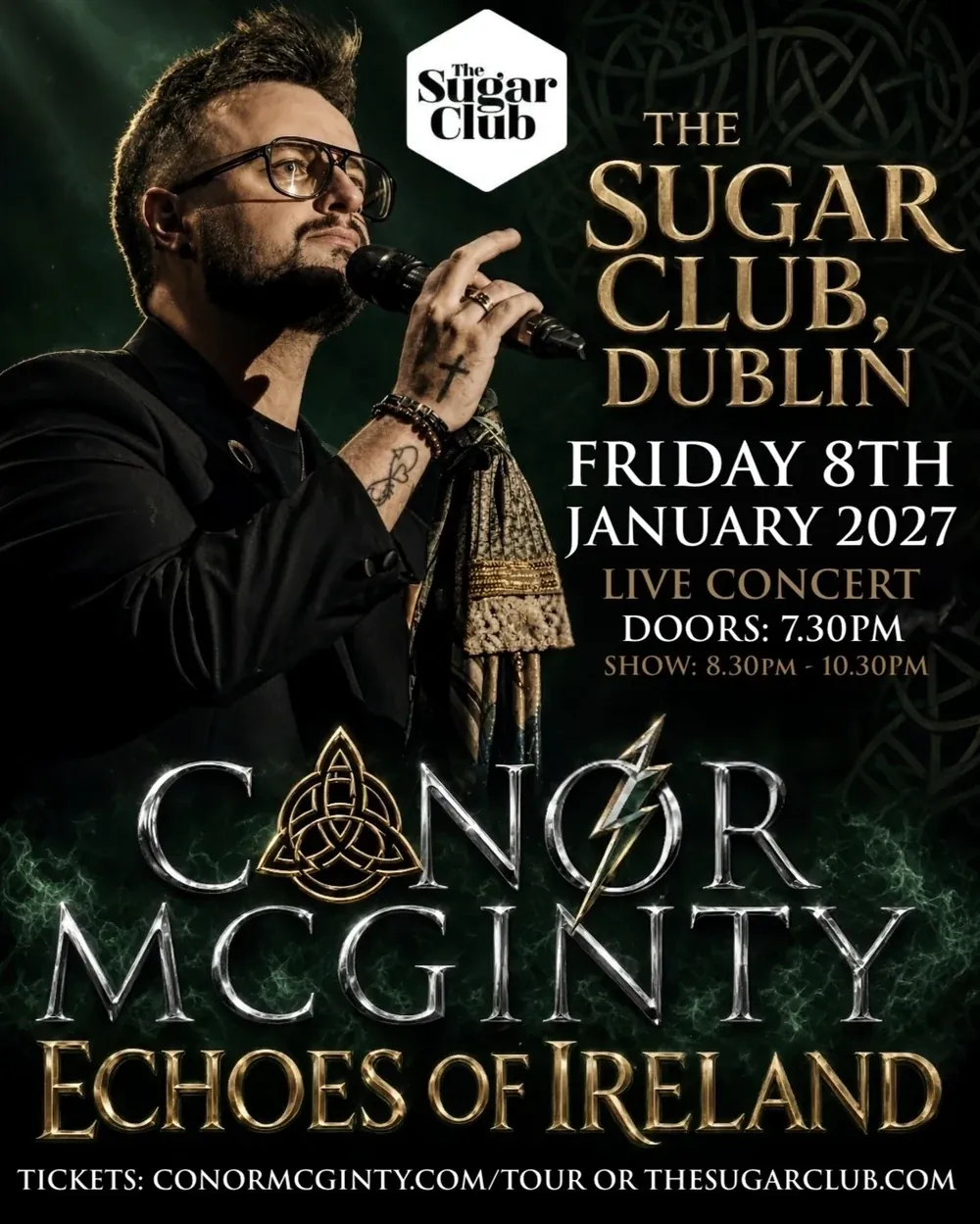Conor McGinty — Echoes of Ireland live concert poster for The Sugar Club, Dublin, Friday 8th January 2027, doors 7.30pm, tickets at conormcginty.com/tour or thesugarclub.com